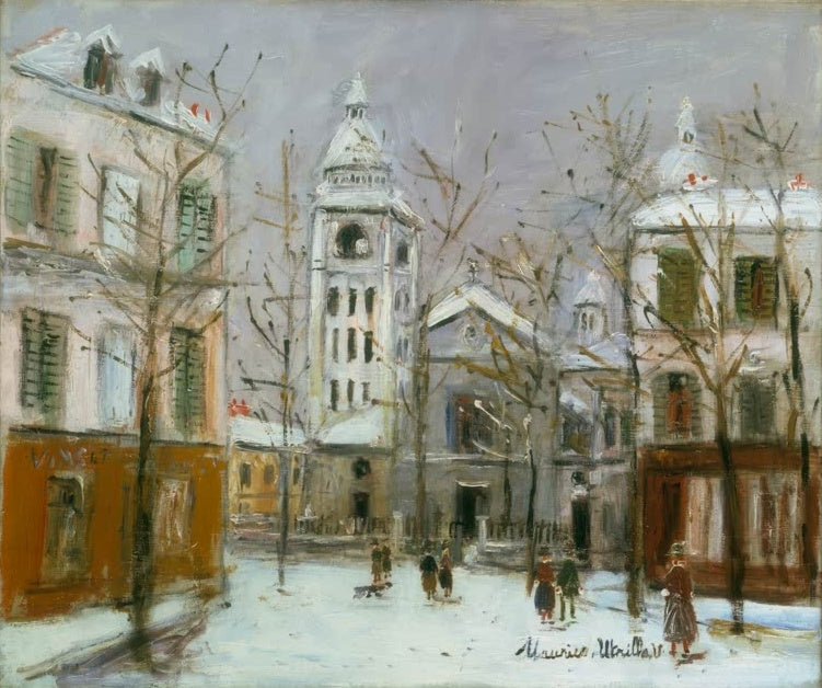 Verschneiter Platz mit Glockenturm, Kuppel und kahlen Bäumen – Maurice Utrillo Rue du Mont-Cenis, à Montmartre Kunstkopie