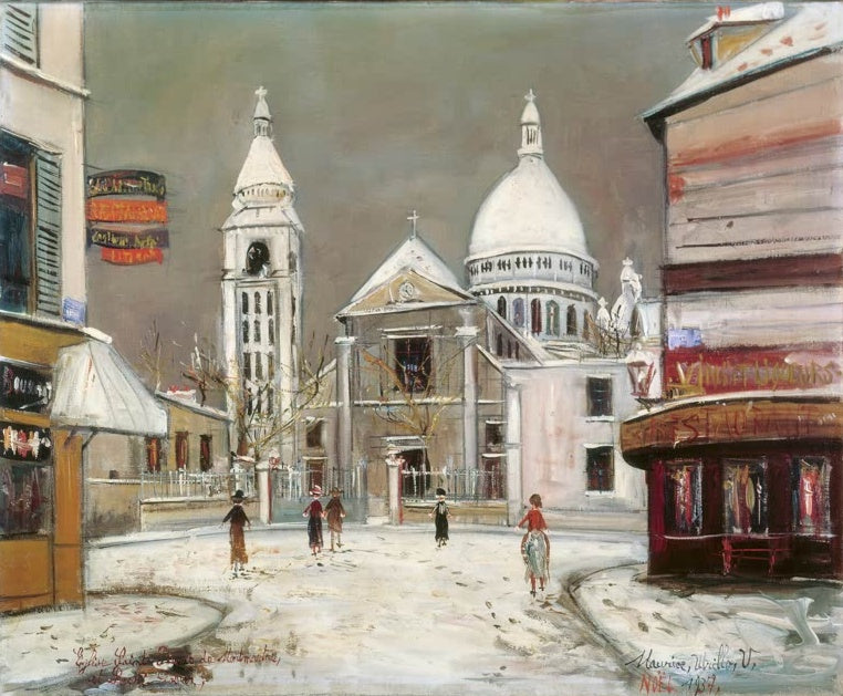Verschneite Straße mit Sacré-Cœur und Glockenturm – Maurice Utrillo Rue du Mont-Cenis, à Montmartre Kunstkopie