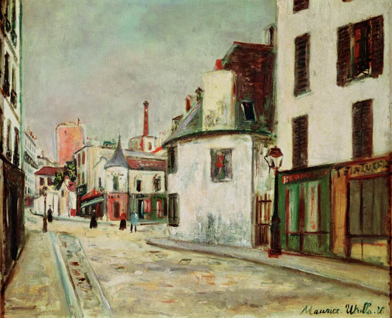 Pariser Straße mit Häusern, Laterne und kleinen Figuren – Maurice Utrillo Rue du Mont-Cenis, Paris Kunstkopie