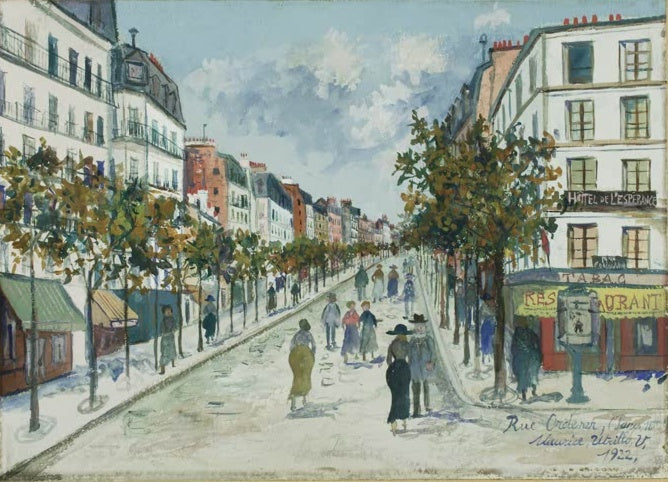 Pariser Boulevard mit Baumreihe, Passanten und Restaurant an der Ecke – Maurice Utrillo Rue Ordener, Paris Kunstkopie