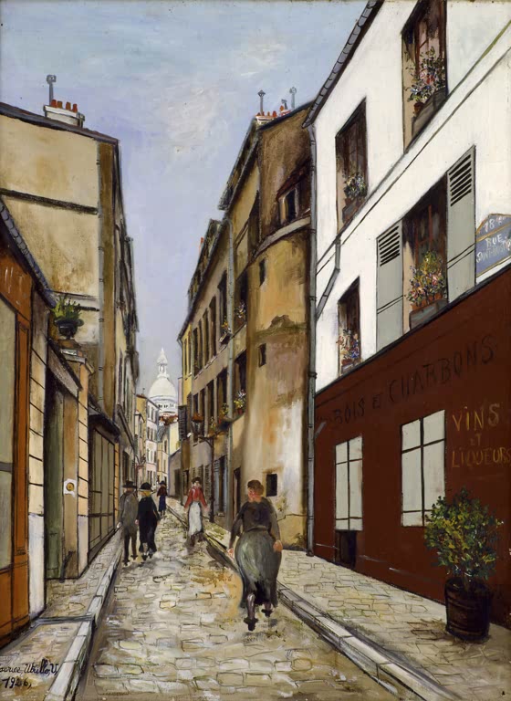Enge Pflasterstraße, Sacré-Cœur dahinter, Frau mit Rad – Maurice Utrillo Rue Saint-Rustique in Montmartre Kunstkopie