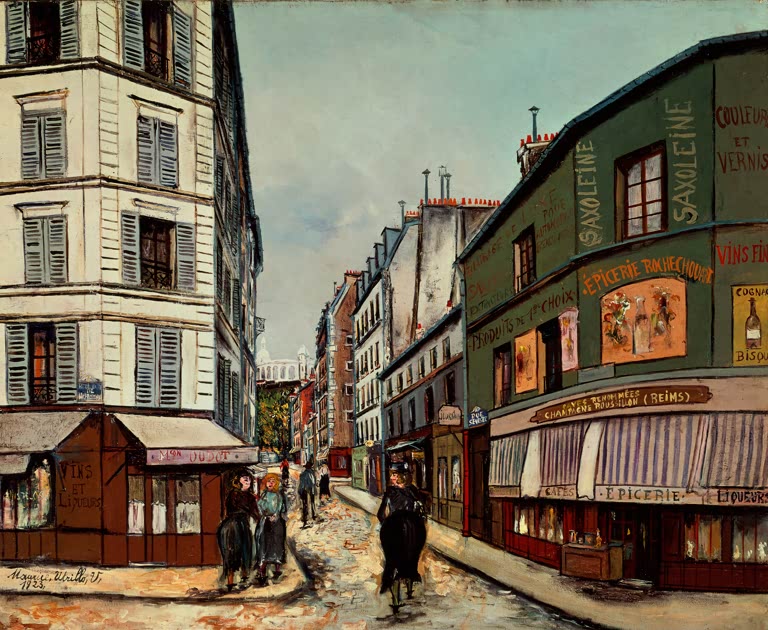 Straßenecke mit grünem Eckladen, Schildern, Passanten – Maurice Utrillo Rue Sevestre, Montmartre Kunstkopie