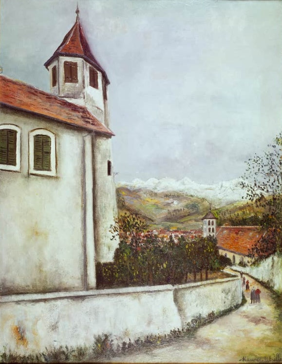 Weiße Kirche über einem Weg, dahinter Tal und Schneeberge – Maurice Utrillo Sallanches und die Mont-Blanc-Gruppe Kunstkopie