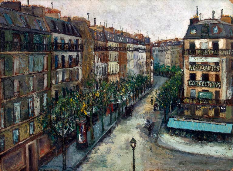 Straßenzug mit hohen Häusern, Bäumen und Ladenfassaden von oben – Maurice Utrillo Straße Custine in Montmartre Kunstkopie