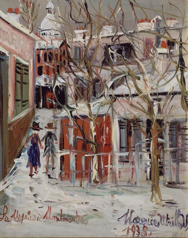 Verschneiter Hof mit kahlen Bäumen, roten Läden und zwei Passanten – Maurice Utrillo Straße im Winter Kunstkopie