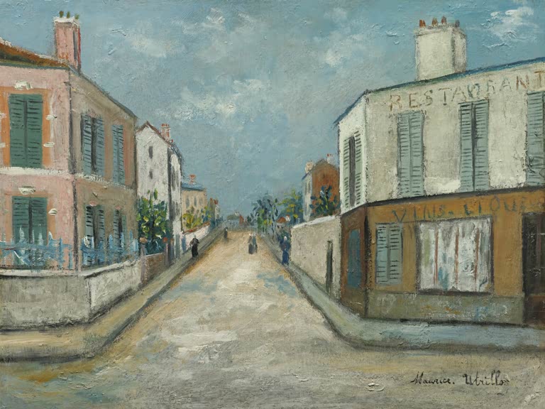 Leere Vorstadtstraße mit Eckrestaurant, rosa Haus und blauem Himmel – Maurice Utrillo Straße in der Vorstadt Kunstkopie