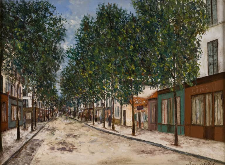 Breite Allee mit Bäumen und Läden, Menschen am Straßenrand – Maurice Utrillo Straße nach Puteaux Kunstkopie