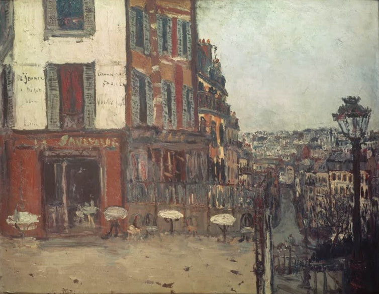 Café-Terrasse mit Tischen, Laterne und Blick über Paris – Maurice Utrillo Terrasse in der Rue Muller Kunstkopie