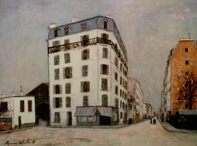 Hohes weißes Eckhaus mit Mansarddach an einer Straßenkreuzung – Maurice Utrillo Vorstadthäuser Kunstkopie
