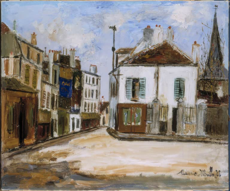 Vorstadtplatz mit weißem Haus, Kirchturm und Häuserzeile unter hellblauem Himmel – Maurice Utrillo Vorstadtstraße Kunstkopie