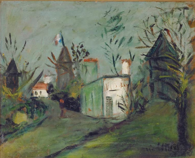 Grüne Hügel mit weißem Häuschen, Windmühle und Trikolore – Maurice Utrillo Vue de Montmartre le 14 juillet Kunstkopie