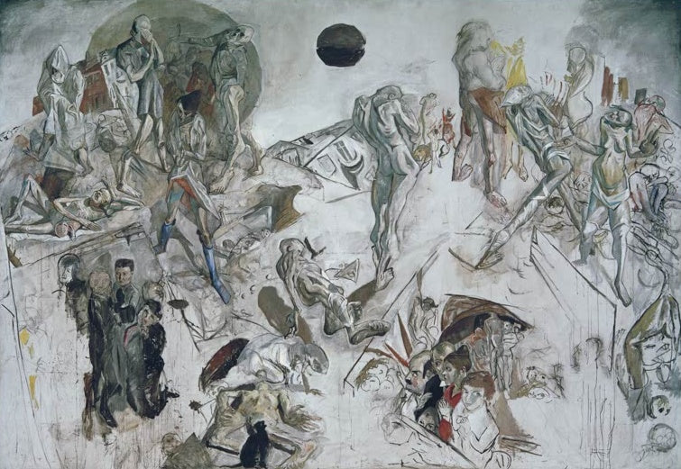 Skizzenhafte Szene mit ausgemergelten Gestalten unter schwarzer Sonne – Max Beckmann Auferstehung Kunstkopie