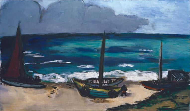 Boote am Strand unter dunklen Wolken über türkisem Meer – Max Beckmann Aufziehendes Gewitter am Meer Kunstkopie