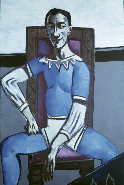 Sitzender Harlekin in blauem Kostüm mit Halskrause auf geschnitztem Stuhl – Max Beckmann Bildnis Zeretelli Kunstkopie