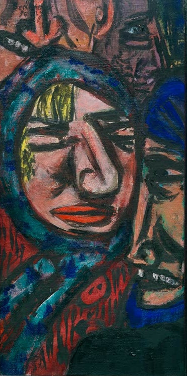 Großes Gesicht mit roten Lippen unter blauem Kopftuch, daneben weitere Köpfe – Max Beckmann Bowery Kunstkopie
