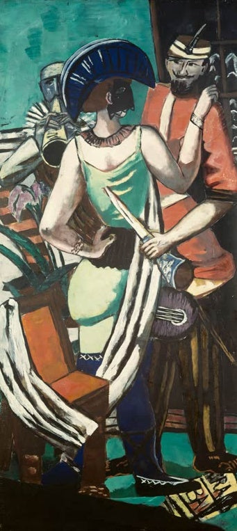 Maskierte Frau mit Dolch und Helm zwischen Musikern vor türkisem Grund – Max Beckmann Fastnacht Paris Kunstkopie