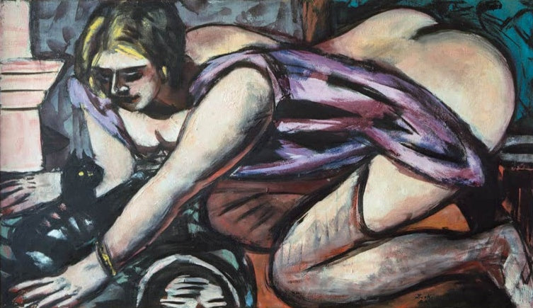 Halbnackte blonde Frau beugt sich über eine schwarze Katze – Max Beckmann Halbakt mit Katze Kunstkopie