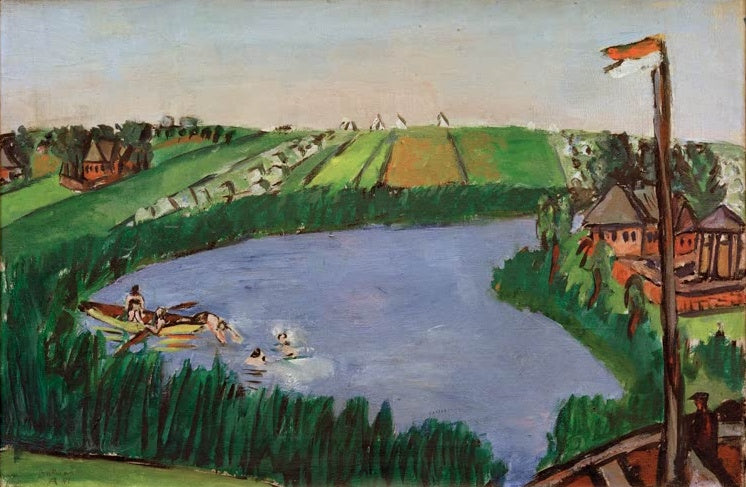 Badende und Ruderboot auf blauem See vor grünen Hügeln – Max Beckmann Holländische Landschaft mit Badenden Kunstkopie