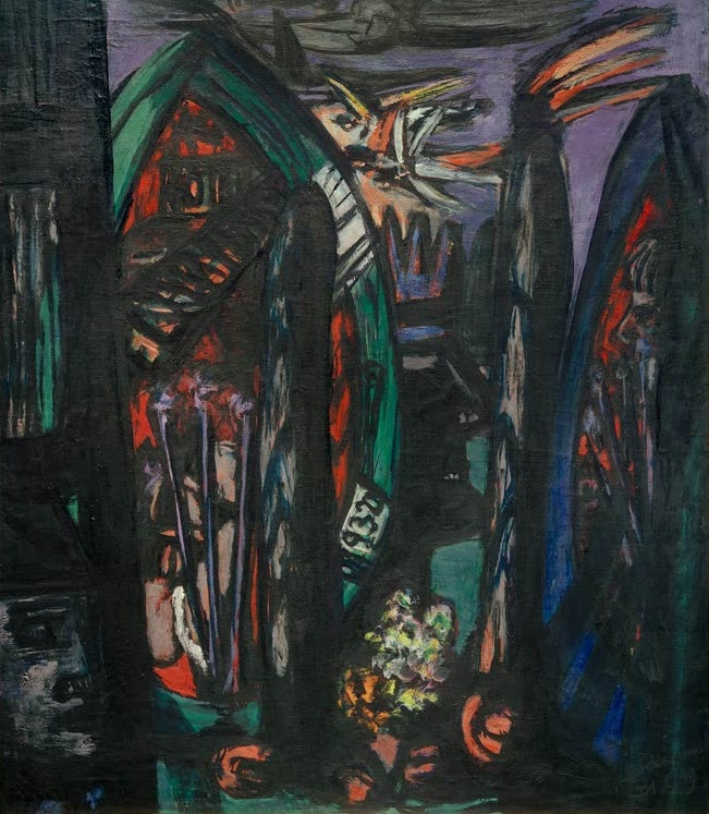 Dunkle Fassade mit Bogenfenster, Blumen und buntem Vogel vor violettem Himmel – Max Beckmann Hotel de l Ambre Kunstkopie