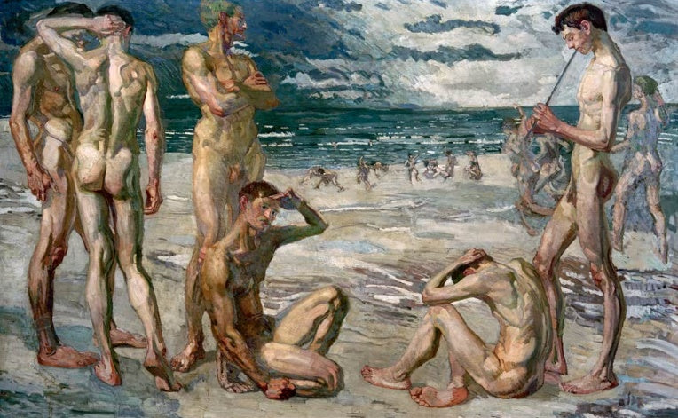Nackte junge Männer am Strand, einer spielt Flöte, dahinter wolkiger Himmel – Max Beckmann Junge Männer am Meer Kunstkopie