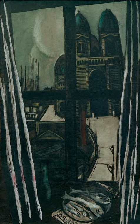 Dunkle Vorhänge und Fensterkreuz mit Blick auf Kathedrale, Fische unten – Max Beckmann Kirche in Marseille Kunstkopie