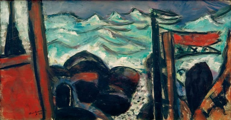 Türkise Wellen an dunklen Felsen, links roter Pfosten und rote Fahne – Max Beckmann Kleines stürmisches Meer Kunstkopie