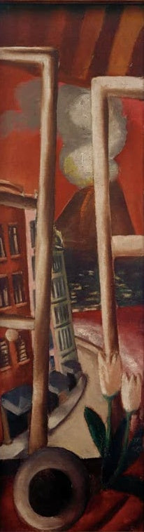 Fensterblick auf Stadt und rauchenden Vesuv mit Tulpe – Max Beckmann Landschaft mit Vesuv Kunstkopie