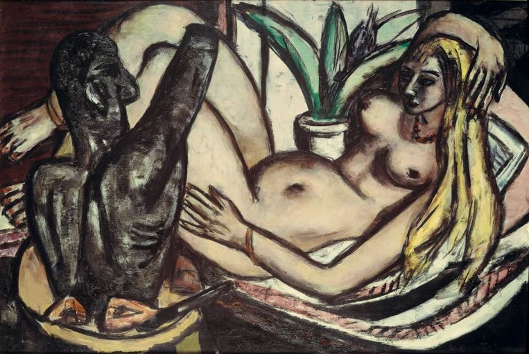 Liegender blonder Akt mit Pflanze, daneben eine dunkle Figur – Max Beckmann Olympia Kunstkopie