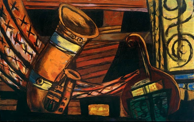Saxofon und Mandoline vor rot-schwarzem Muster – Max Beckmann Orchester Kunstkopie
