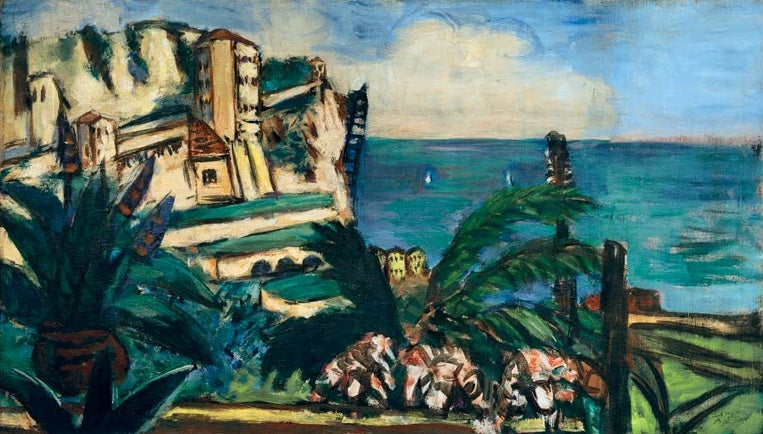 Felsenküste mit Burganlage über türkisem Meer, davor Palmen und Gebüsch – Max Beckmann Riviera-Landschaft Kunstkopie