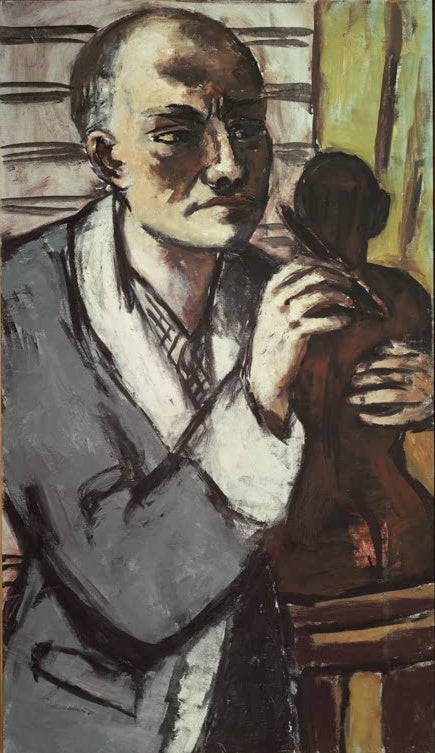 Mann im grauen Schlafrock mit Pinsel neben einer dunklen Büste – Max Beckmann Selbstbildnis mit grauem Schlafrock Kunstkopie