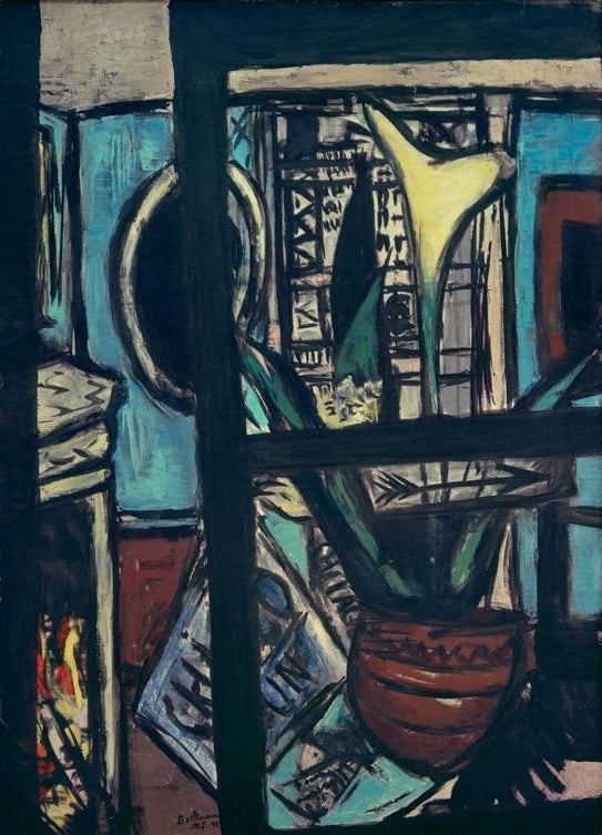 Gelbe Calla in rotem Topf hinter schwarzem Fensterkreuz vor türkisem Grund – Max Beckmann Souvenir Chicago Kunstkopie