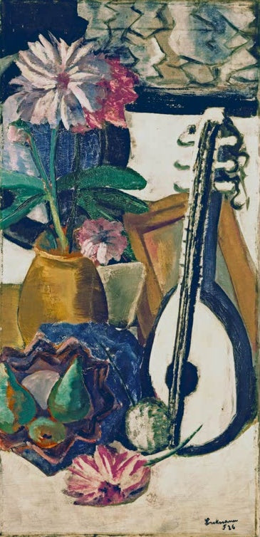 Vase mit Dahlien, Obstschale und Mandoline – Max Beckmann Stilleben mit violetten Dahlien Kunstkopie