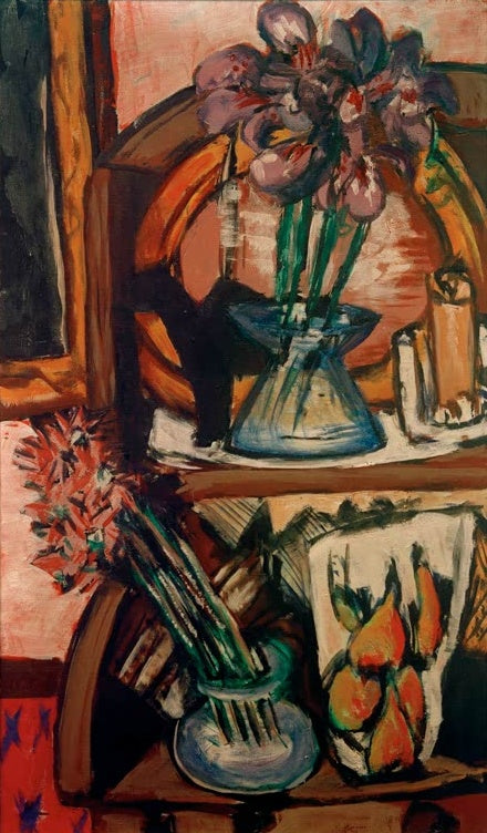 Zwei Blumenvasen und eine Katze auf einem runden Tisch – Max Beckmann Stillleben mit zwei Blumenvasen Kunstkopie