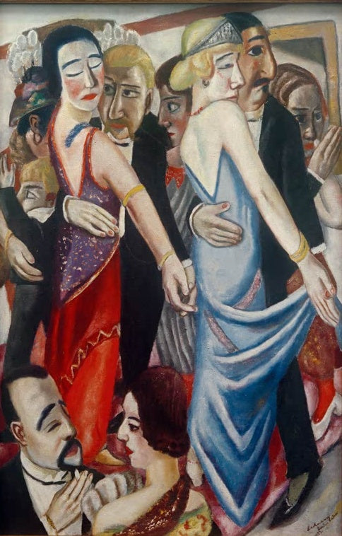 Tanzende Paare im Ballsaal, Frau in Blau und Frau in Rot, Herren im Frack – Max Beckmann Tanz in Baden-Baden Kunstkopie