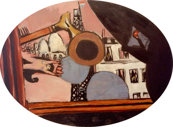 Max Beckmann Traum von Paris Kunstkopie, ovaler Fensterblick auf Eiffelturm und Kuppeln mit Trompete und dunklem Vorhang