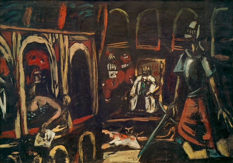 Düstere Bühnenszene mit Ritter in Rüstung, thronendem König und Gestalten in Torbögen – Max Beckmann Traumtheater Kunstkopie