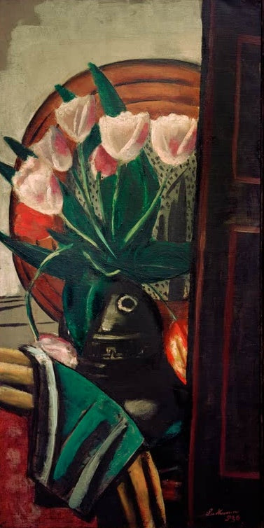 Rosa Tulpen in dunkler Vase vor einer dunklen Tür – Max Beckmann Tulpenstilleben Kunstkopie