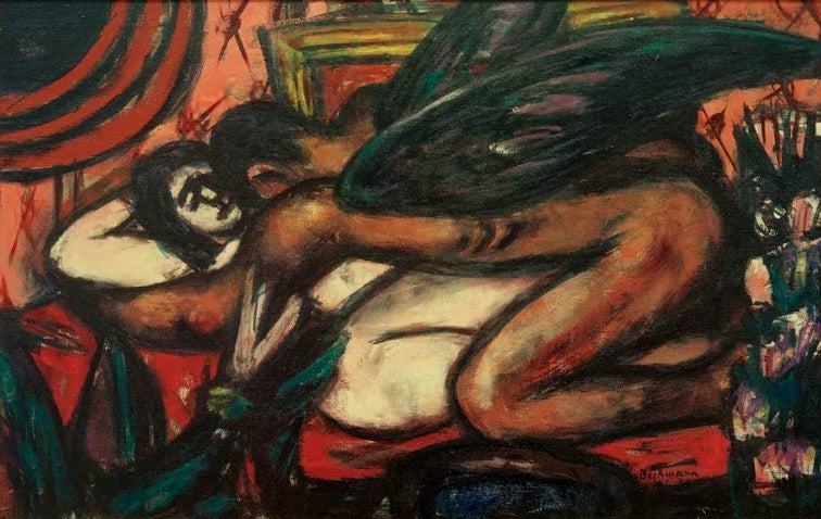 Geflügeltes Wesen mit dunklen Schwingen beugt sich über eine liegende Frau auf rotem Grund – Max Beckmann Vampir Kunstkopie
