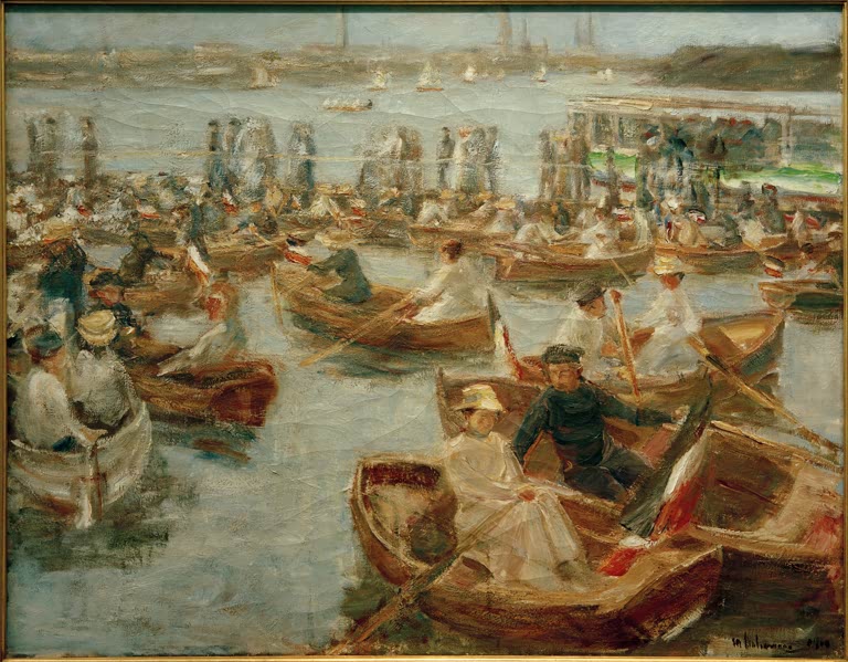 Zahlreiche Ruderboote mit Gästen auf der Alster vor der Stadt – Max Liebermann Abend am Uhlenhorster Fährhaus Kunstkopie