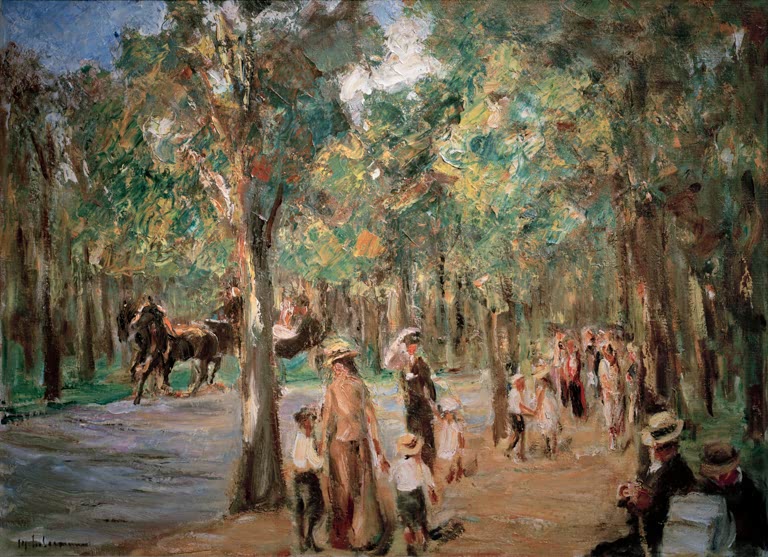 Spaziergänger und Kutsche auf der sonnigen Tiergartenallee – Max Liebermann Allee im Tiergarten Kunstkopie