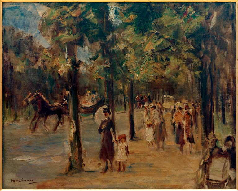 Allee mit Spaziergängern, Reiter und Kindern unter hohen Bäumen – Max Liebermann Allee im Tiergarten Kunstkopie