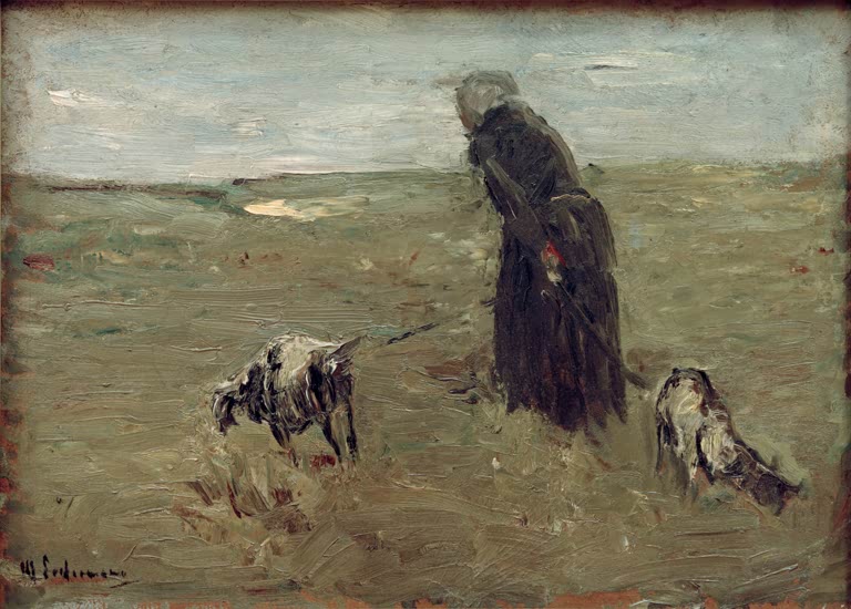 Max Liebermann Alte Frau mit Ziegen Kunstkopie, gebeugte Frau führt zwei Ziegen über karges Weideland