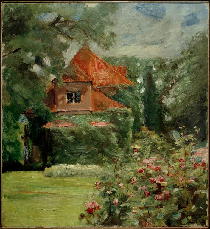 Rotes Haus hinter Rosenbüschen und Rasen im Garten – Max Liebermann Altes Haus in Hamburg Kunstkopie