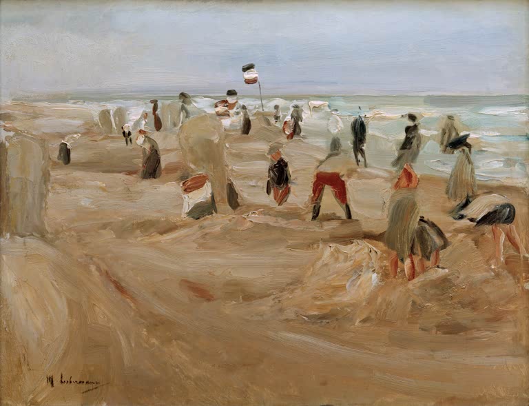 Max Liebermann Am Strand von Noordwijk Kunstkopie, Menschen am Sandstrand mit Strandzelten und flatternder Fahne