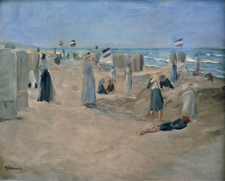 Strandkörbe und Spaziergänger mit Fahnen am Strand – Max Liebermann Am Strand von Noordwijk Kunstkopie