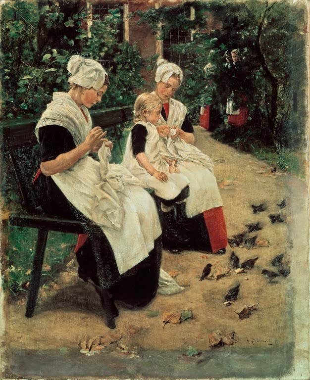 Zwei Waisenmädchen mit weißen Hauben füttern Vögel im Garten – Max Liebermann Amsterdamer Waisenmädchen im Garten Kunstkopie