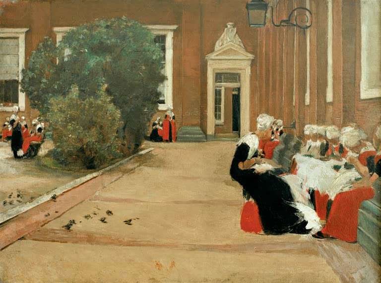 Waisenmädchen in Tracht sitzen im Hof vor roter Backsteinfassade – Max Liebermann Amsterdamer Waisenmädchen Kunstkopie