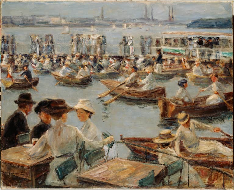 Gäste an Tischen und Ruderboote auf der Alster vor der Stadt – Max Liebermann An der Alster in Hamburg Kunstkopie