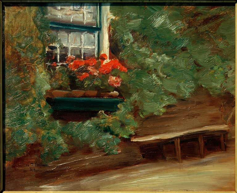 Rote Geranien am Fenster eines Bauernhauses, grünes Laub – Max Liebermann Ansicht eines holländischen Bauernhauses Kunstkopie